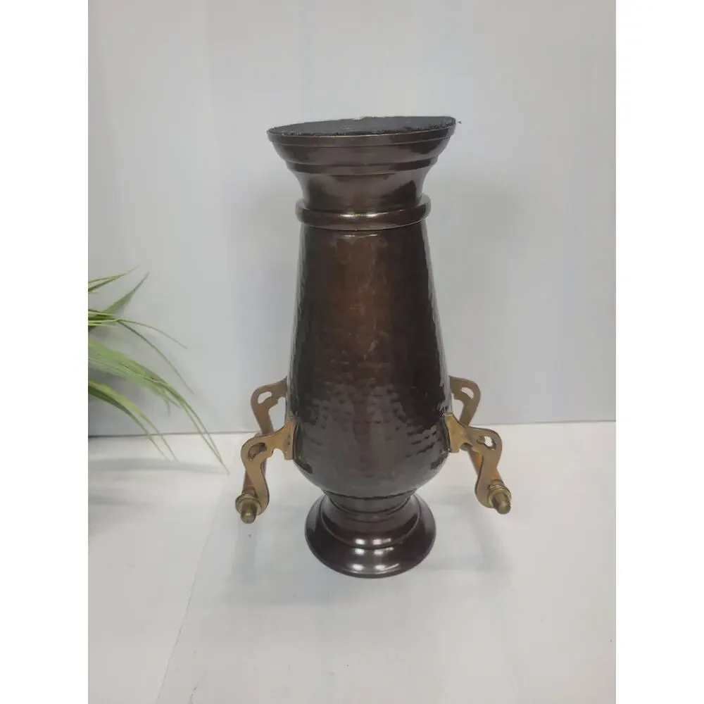 Vintage Hammered Brass Vase, Double Wooden Handled - Picture 4 of 4
